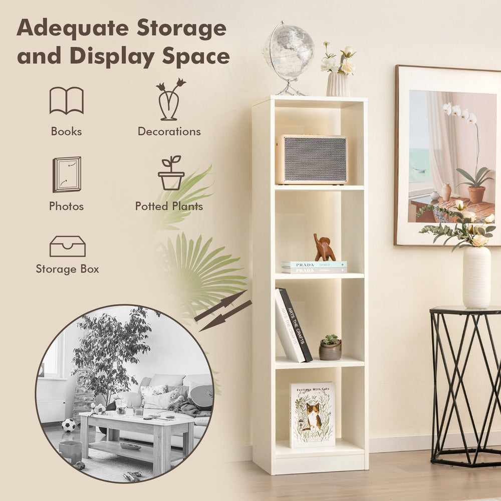 Tall white 5-tier bookshelf with 4 open cubes, ideal for storage and display in small rooms.