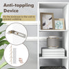 Narrow 5-tier white bookshelf with 4 open cubes and anti-toppling device for stability in small spaces.