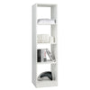 Narrow 5-tier white bookshelf with 4 open cubes, designed for small spaces and fitted with anti-tipping kits for.