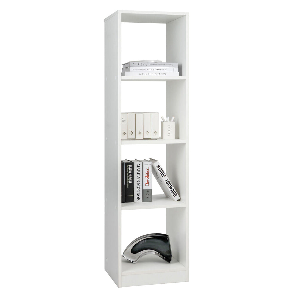 Narrow 5-tier white bookshelf with 4 open cubes, designed for small spaces and fitted with anti-tipping kits for.