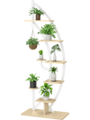 6-tier white metal plant stand with 9 potted plants, featuring a curved design and top hook for hanging ornaments.
