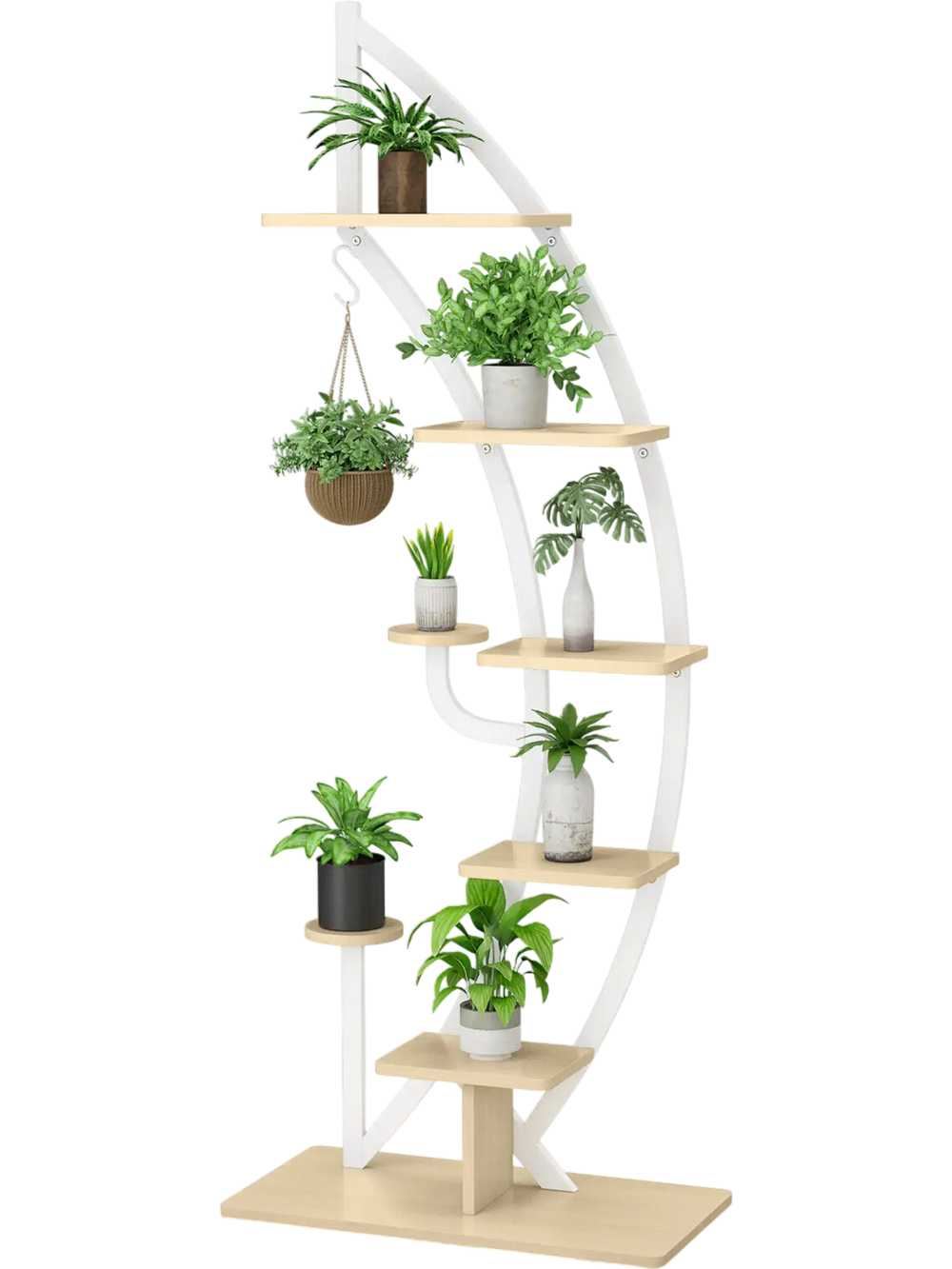6-tier white metal plant stand with 9 potted plants, featuring a curved design and top hook for hanging ornaments.