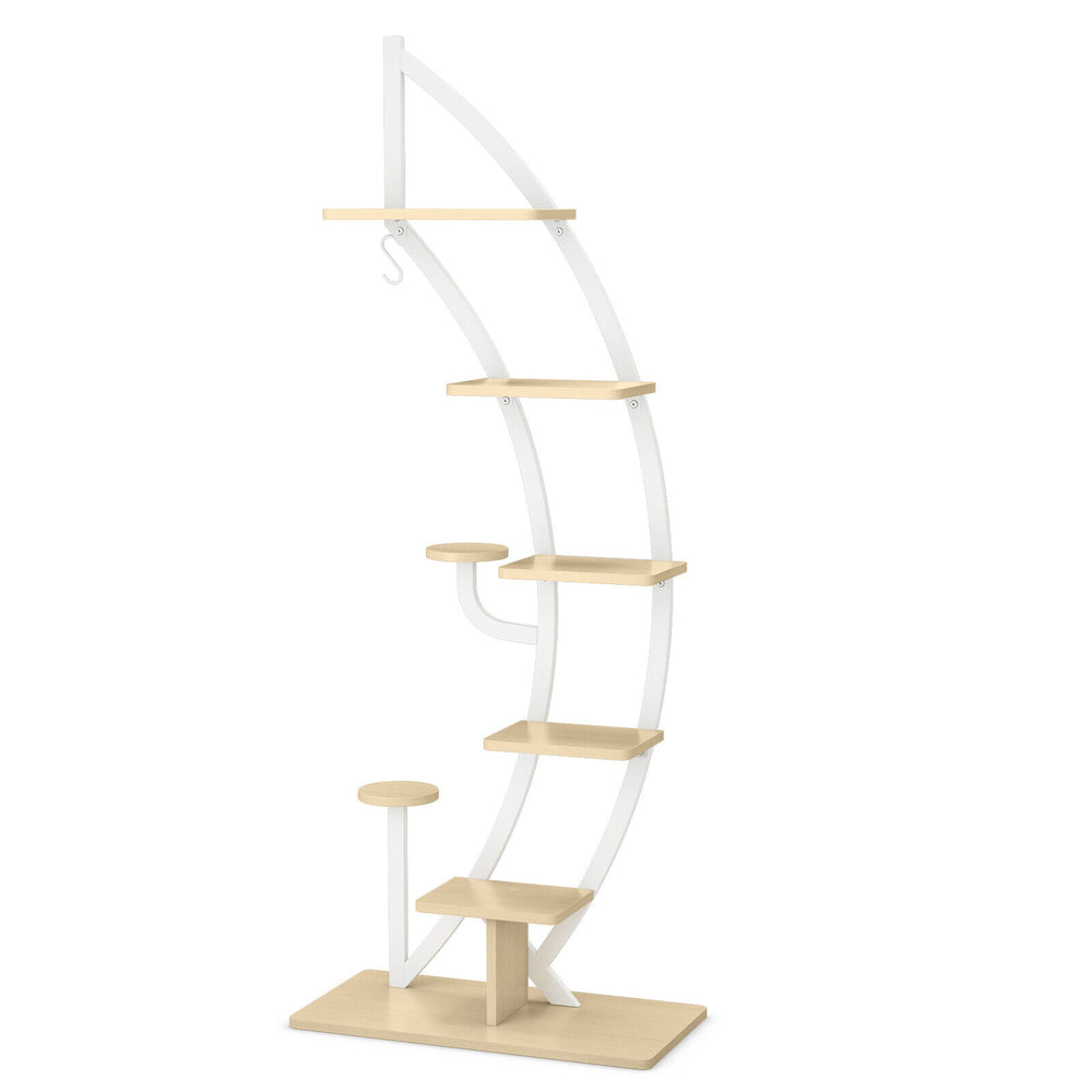 6-tier white metal plant stand with wooden shelves, featuring a top hook for hanging ornaments, ideal for indoor.