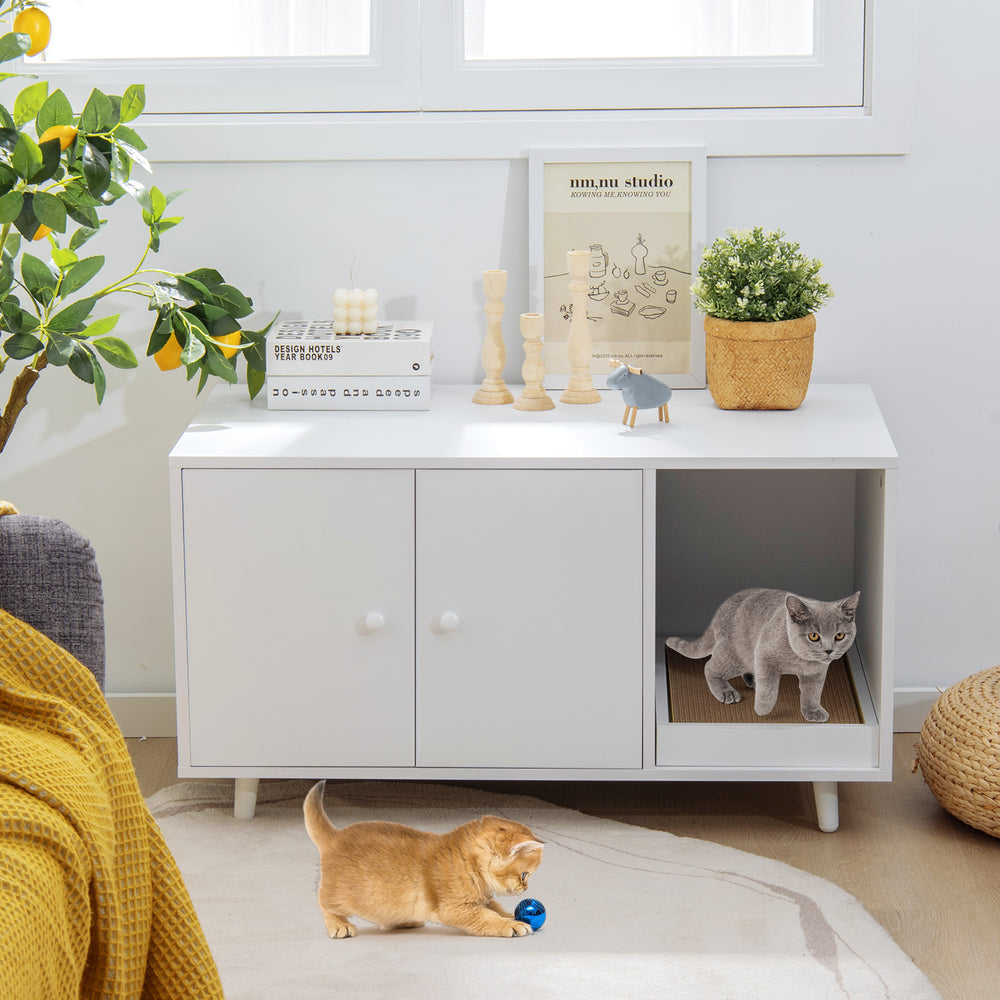 Cat Litter Box Enclosure with Divider and Double Doors-White - Gallery View 1 of 10