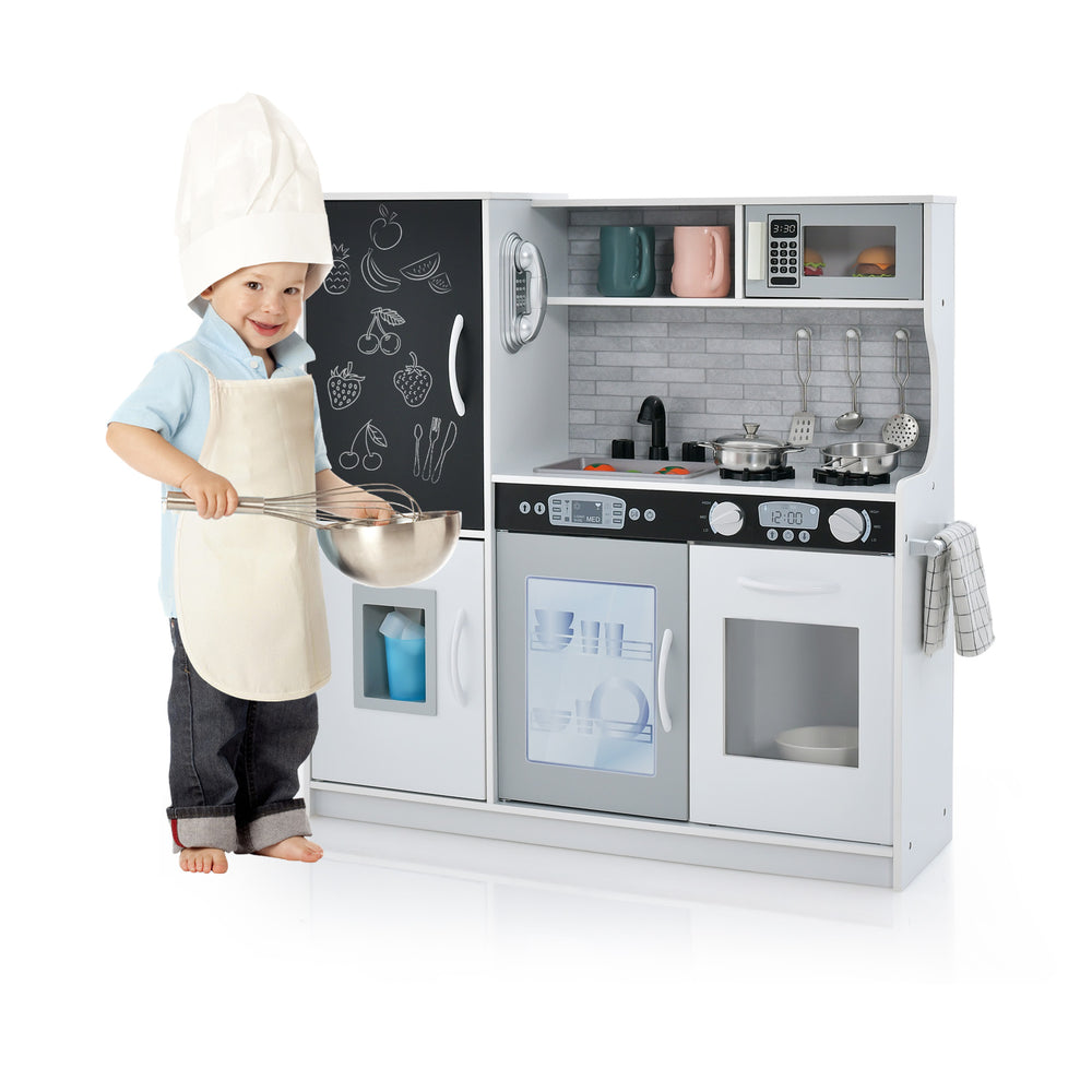 Toddler pretend play kitchen in white with removable sink, stove, and accessories for imaginative cooking fun.