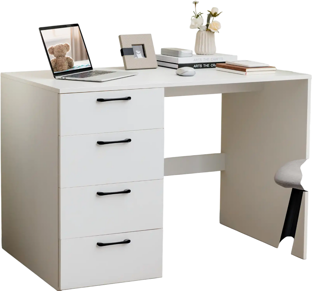 White 43.5-inch computer desk with four large drawers, perfect for organized work and study in modern spaces.