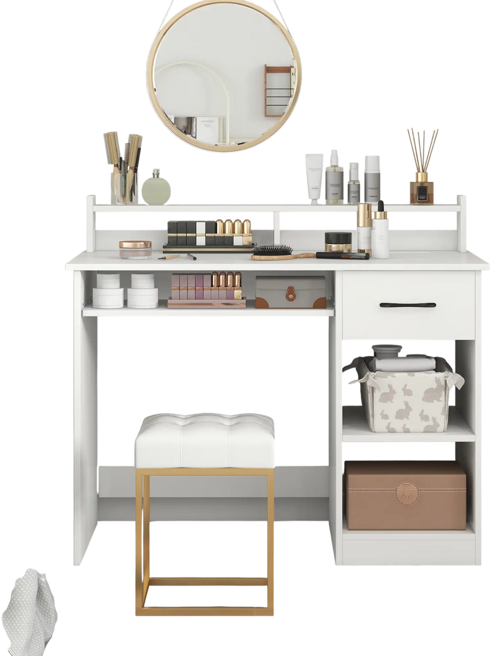 White desk showcasing a large tabletop, adjustable shelf, and USB ports, ideal for versatile home office setups.