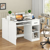 White desk with a large tabletop and 5-position adjustable shelf, designed for versatile home office use and device.