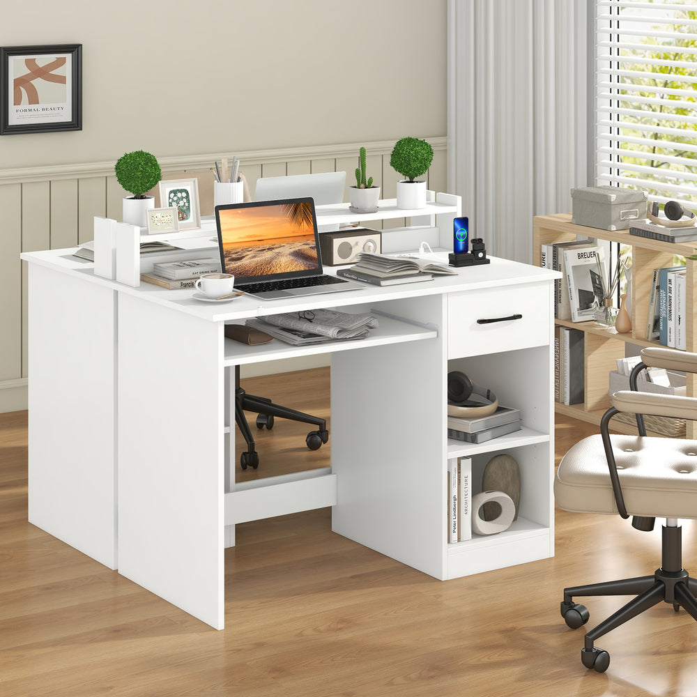White desk with a large tabletop and 5-position adjustable shelf, designed for versatile home office use and device.