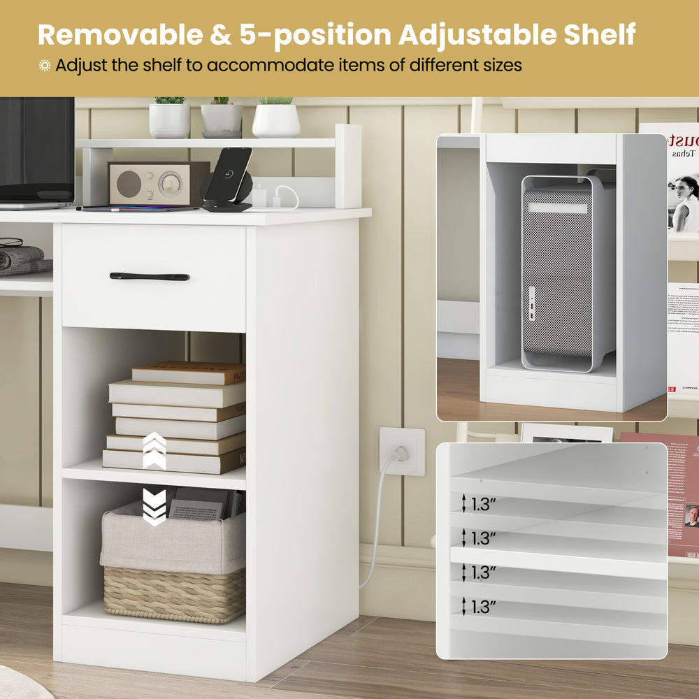 White desk with charging station, featuring a removable adjustable shelf and storage drawer for home office.