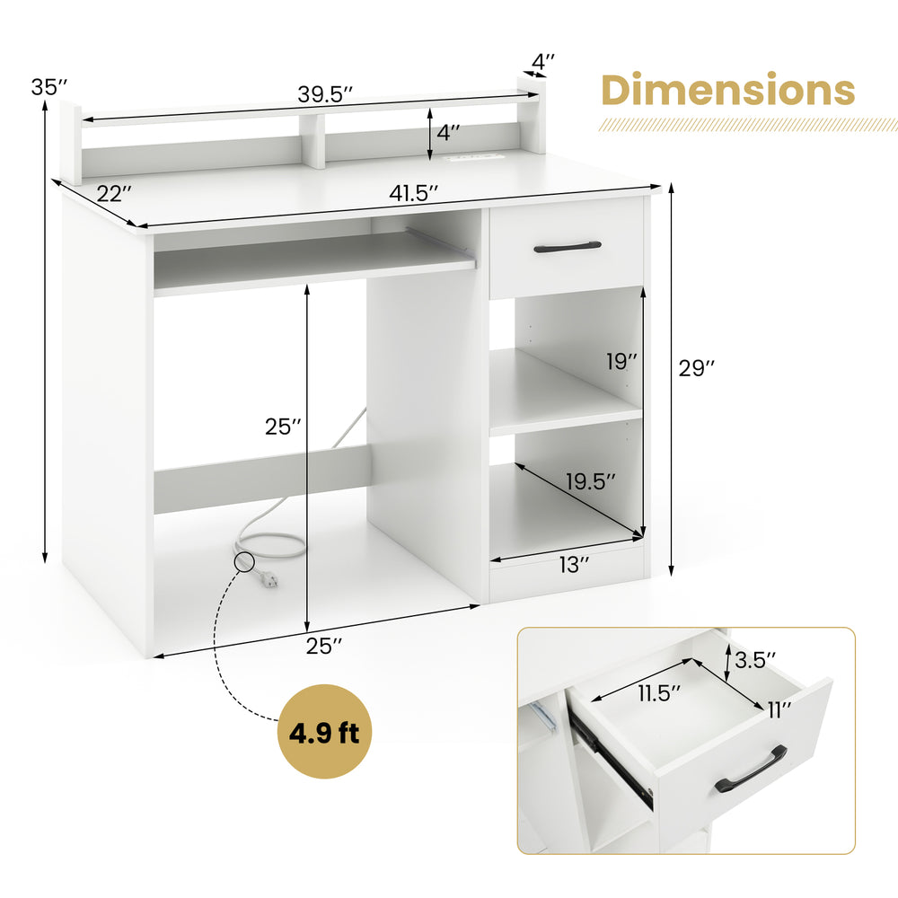 White desk with charging station, adjustable shelf, and storage drawer, ideal for home office organization.
