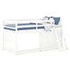 Twin size loft bed in white with solid wood structure, enclosed storage cabinet, and safety guardrail for kids' rooms.