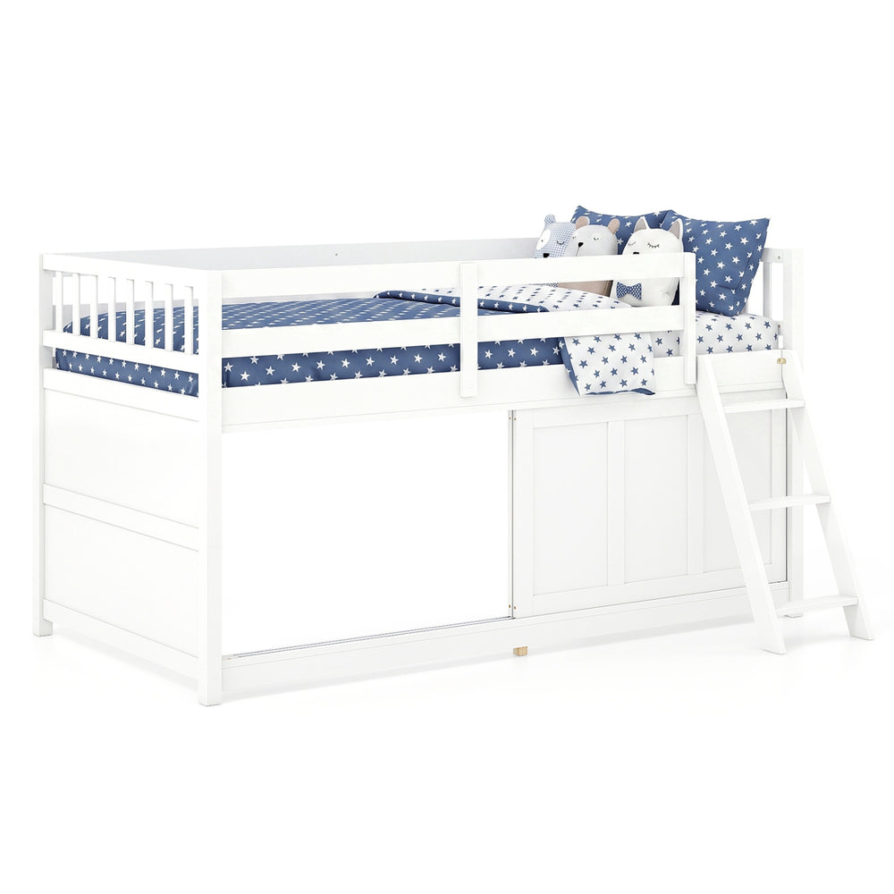 Twin size loft bed in white with solid wood structure, enclosed storage cabinet, and safety guardrail for kids' rooms.