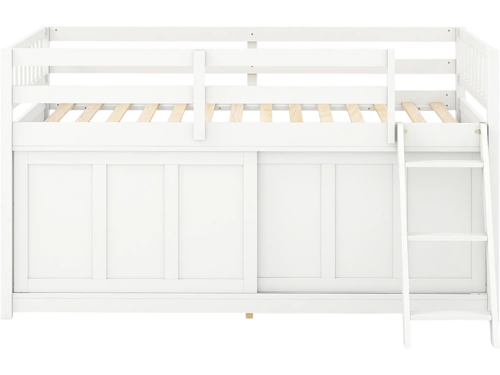 Twin size loft bed in white with solid wood structure, enclosed storage cabinet, and inclined ladder for easy access.