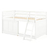 Twin size loft bed in white with solid wood structure, sliding door storage, and safety guardrail for versatile use.