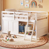 Twin size loft bed in white featuring a thick inclined ladder, solid wood frame, and sliding door for concealed storage.