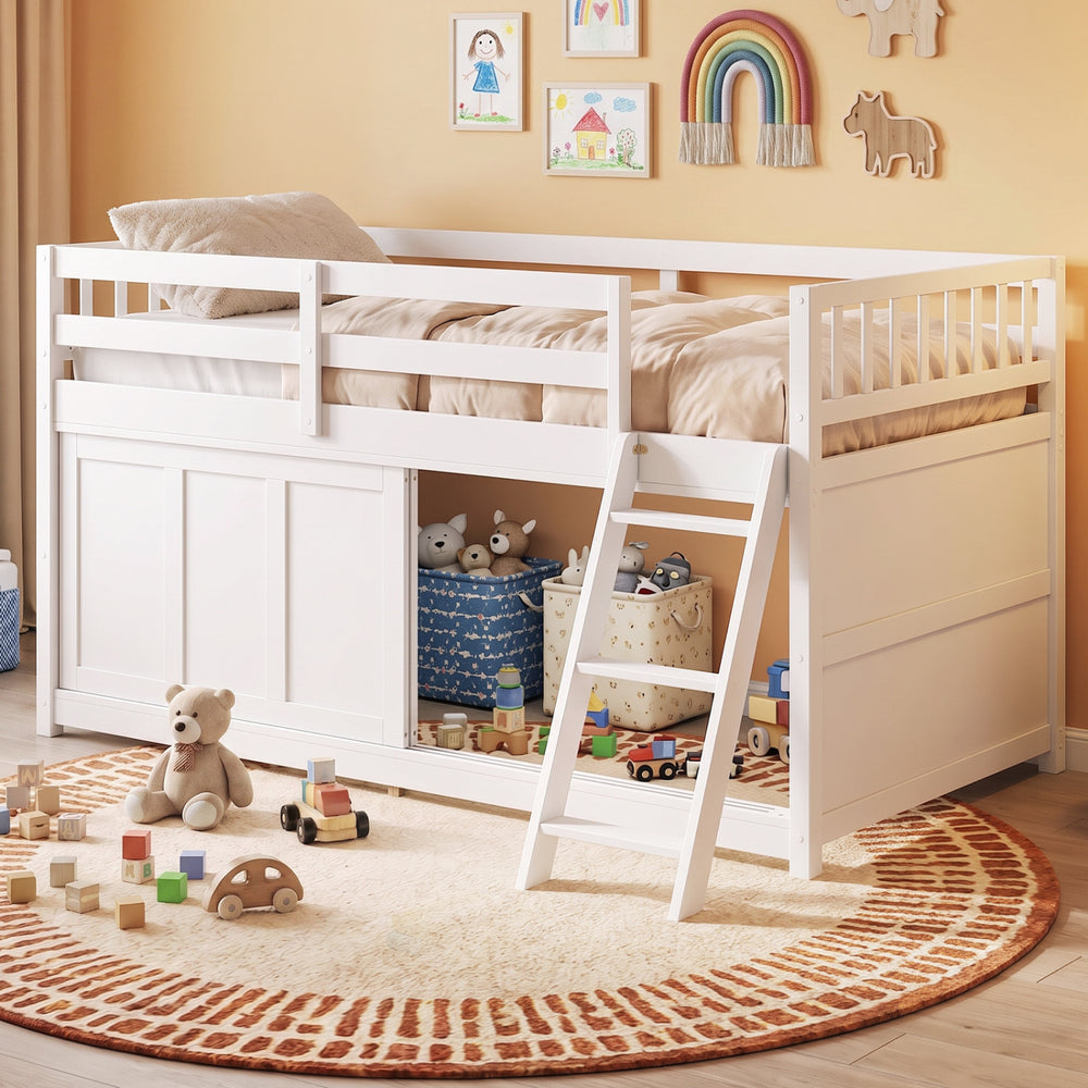 Twin size loft bed in white featuring a thick inclined ladder, solid wood frame, and sliding door for concealed storage.