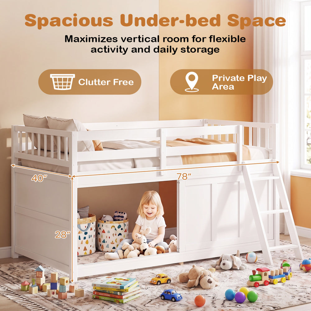 Twin size loft bed in white with enclosed storage and sliding door, maximizing vertical space for play and organization.