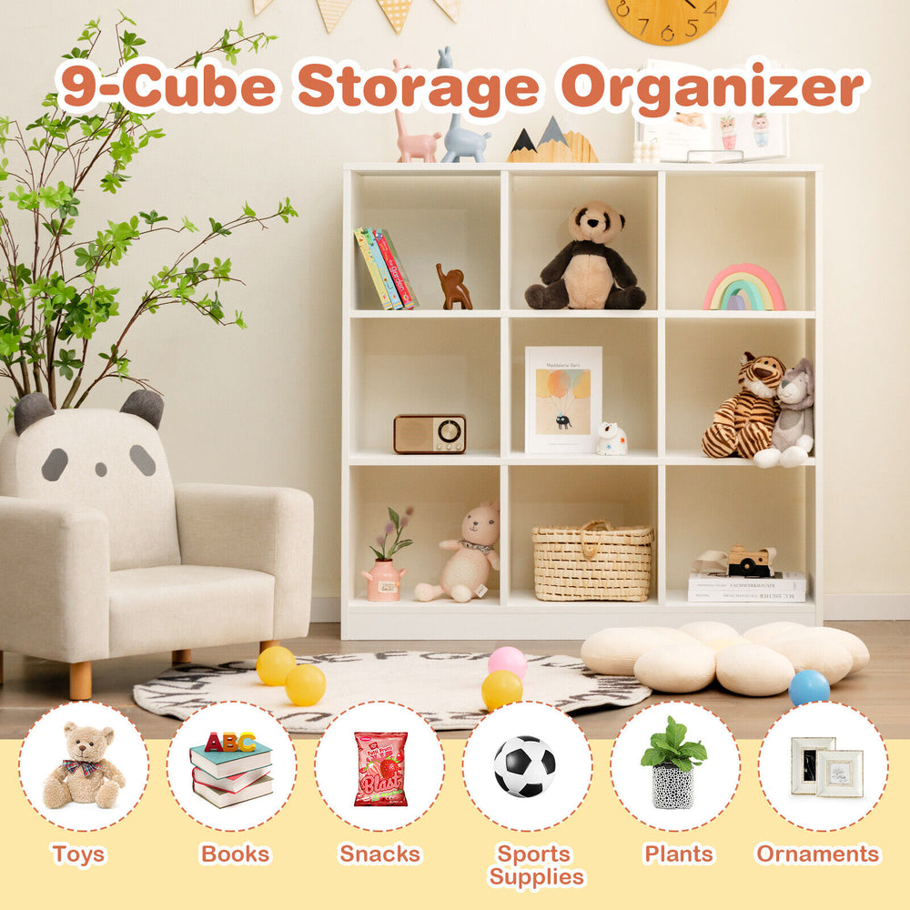 Modern 9-cube storage organizer in white, ideal for toys and books, featuring anti-tipping kits for added stability.