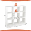 Modern 9-cube bookcase in white, featuring 4 tiers and anti-tipping kits, ideal for organizing books and toys.