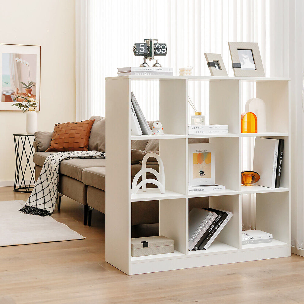 Modern 9-cube bookcase in white with anti-tipping kits, ideal for organizing books and toys in any room.