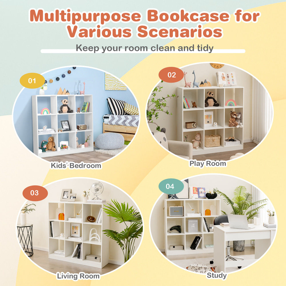 Modern 9-cube bookcase in white with anti-tipping kits, ideal for organizing books and toys in kids' rooms or studies.
