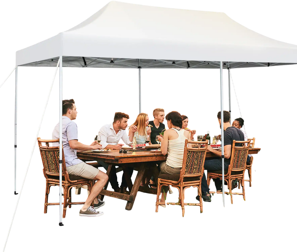 Outdoor pop-up patio folding canopy tent in white, providing sun protection for gatherings of 16-20 people.