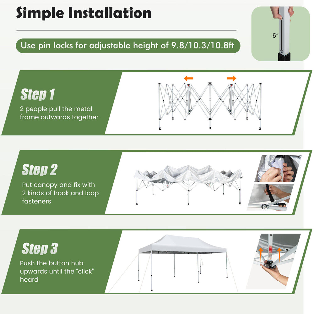 Pop-up patio canopy tent with adjustable height, heavy-duty metal frame, and water-resistant fabric for outdoor events.