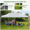 Pop-up patio canopy tent in white with metal frame, ground stakes, and ropes for stable outdoor use. Ideal for.