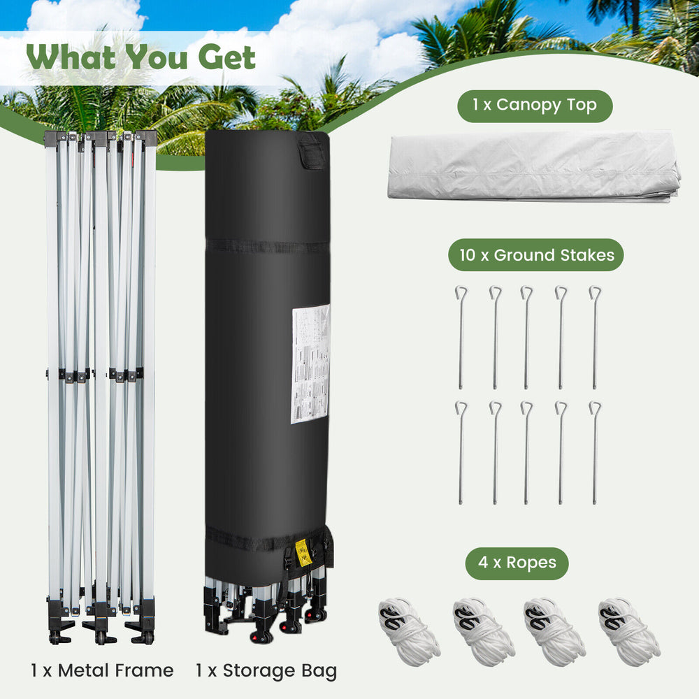 Pop-up patio canopy tent set with metal frame, storage bag, stakes, and ropes for outdoor events and gatherings.