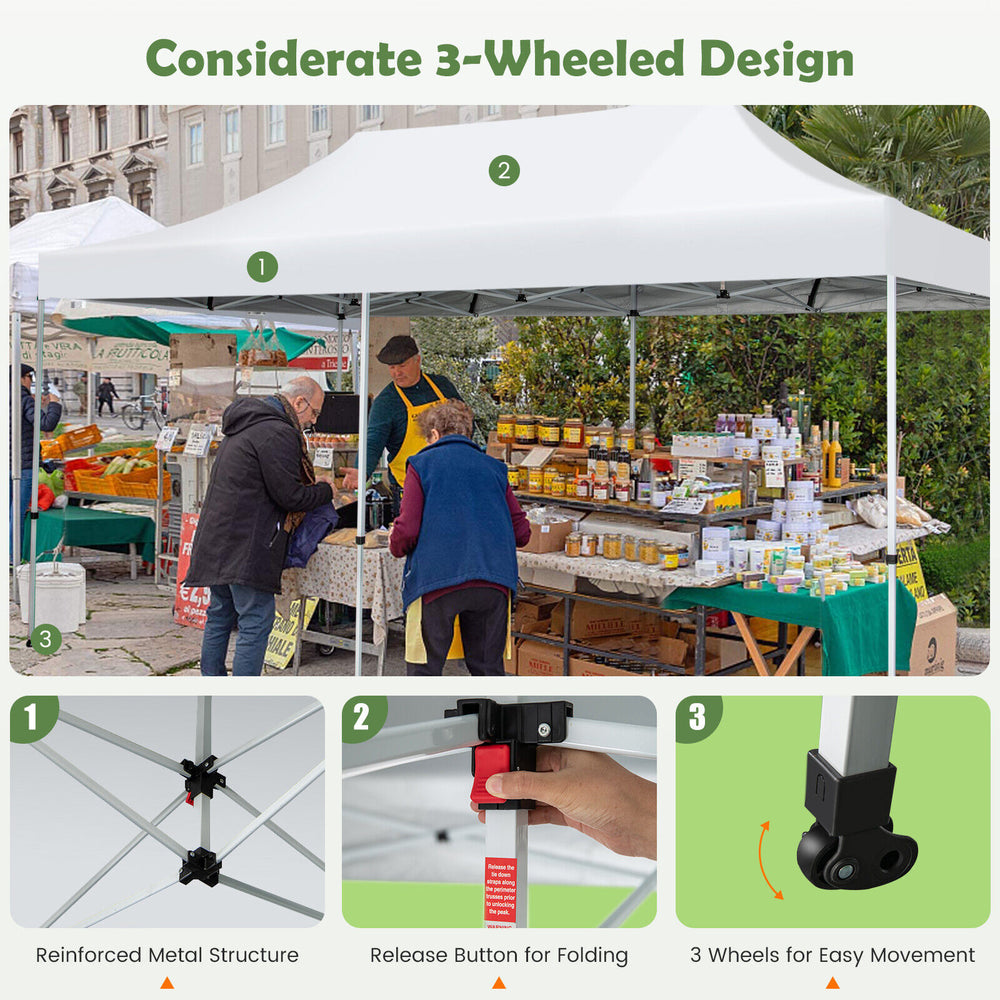 3-wheeled design of the 10 x 20 feet outdoor pop-up patio folding canopy tent for easy movement and setup.