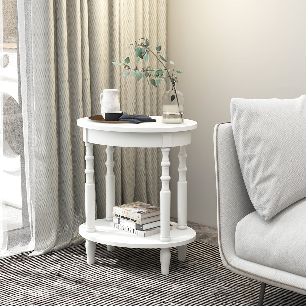 2-Tier Oval Side Table with Storage Shelf and Solid Wood Legs-White - Gallery View 1 of 11