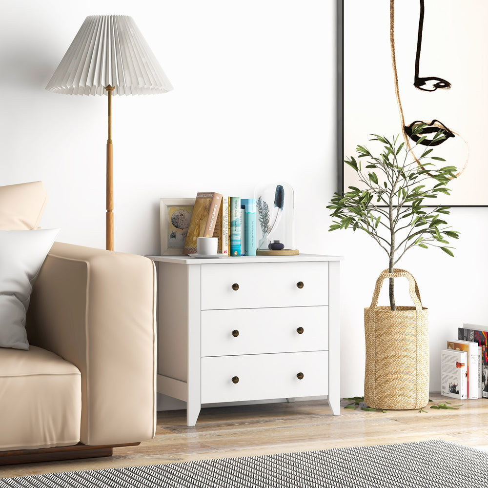 Three-drawer white dresser chest with modern design, perfect for bedside storage and easy access to essentials.