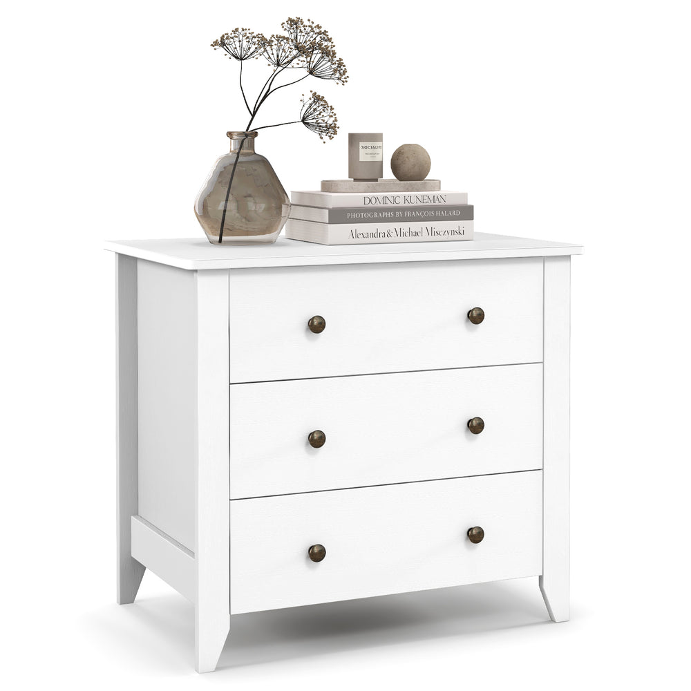 White 3 drawer dresser chest with smooth surface and bronze knobs, ideal for bedroom or entryway storage.