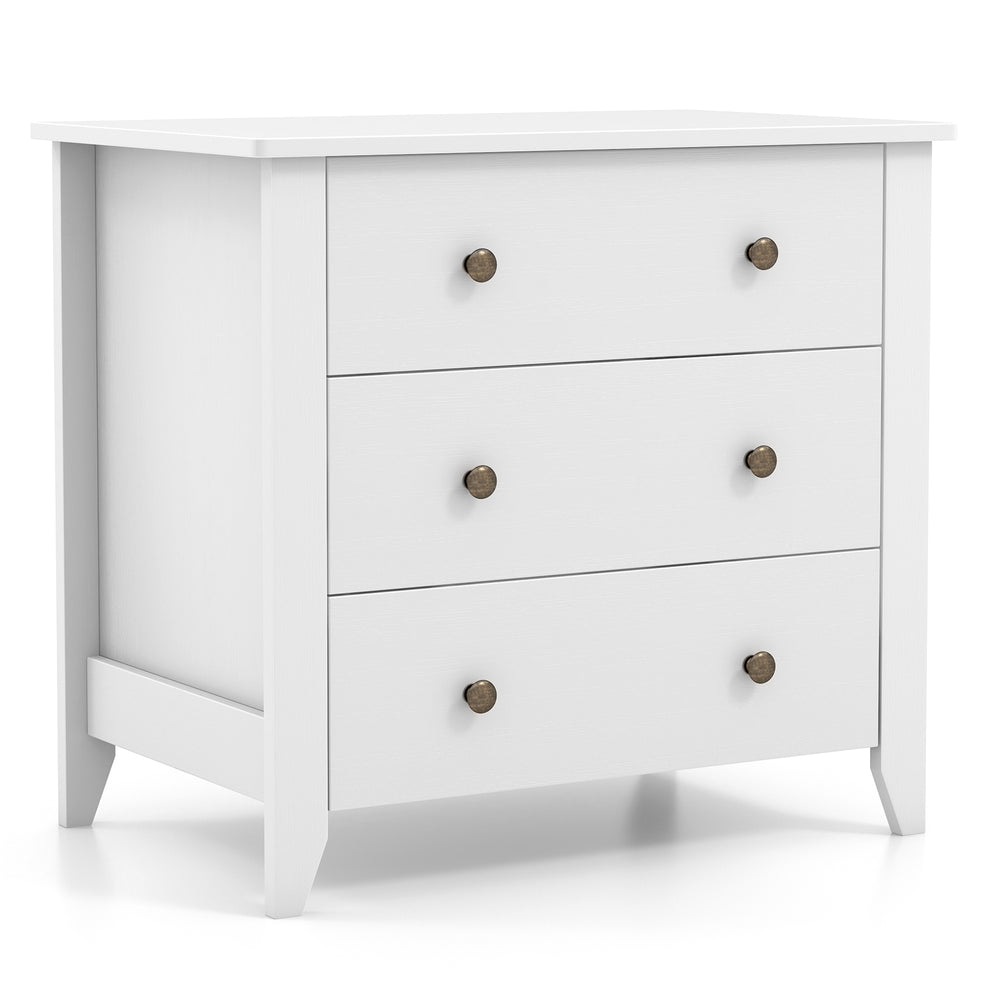 White 3 drawer dresser chest with bronze knobs, ideal for bedroom storage and modern decor.