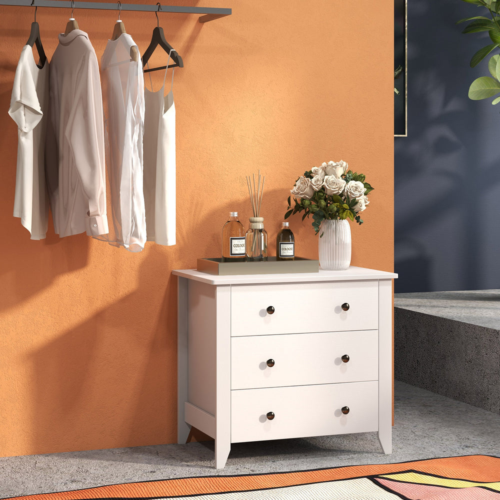 White 3 drawer dresser chest with modern design, perfect for bedroom storage or entryway organization.