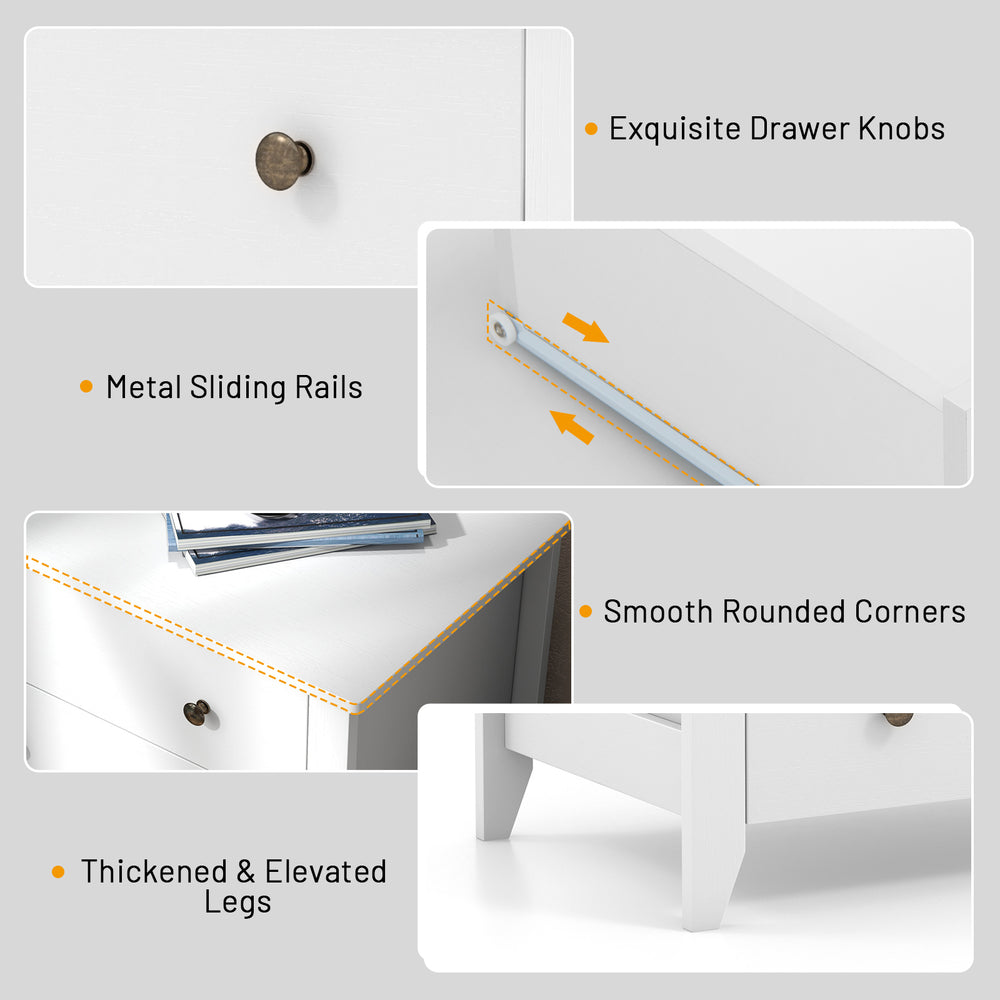 Close-up of the 3 drawer dresser chest in white, featuring smooth rounded corners and exquisite drawer knobs for modern.