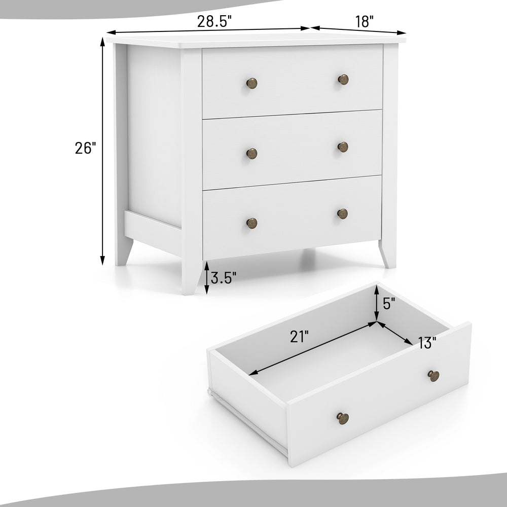 Three-drawer white dresser chest with smooth surface and modern design, ideal for bedroom storage and organization.