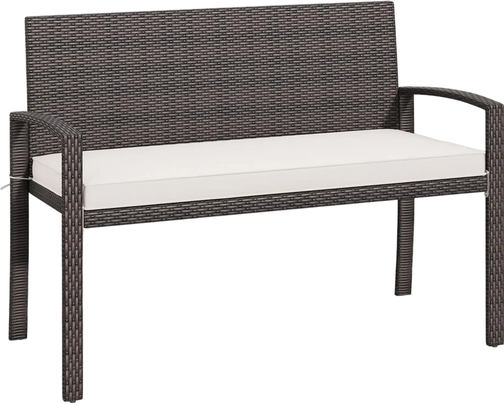 Wicker 2-seat bench with soft cushion and metal frame, ideal for outdoor patios and gardens, featuring a cozy design.