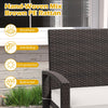 Hand-woven brown PE rattan backrest of a 2-seat bench with soft cushion, ideal for outdoor patios and gardens.