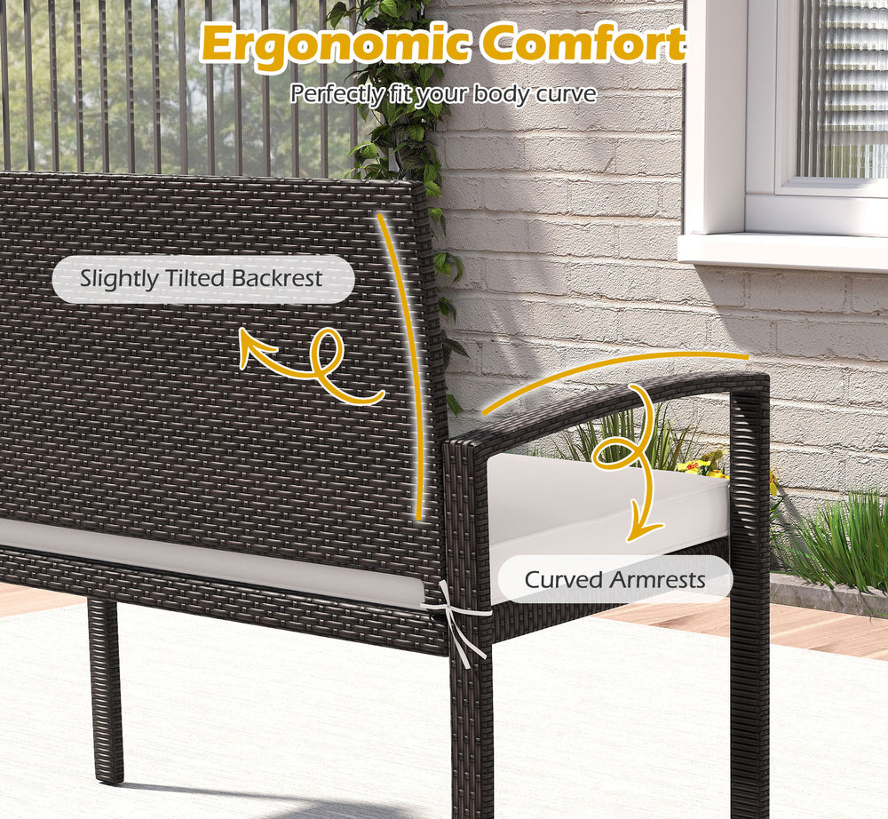 Wicker 2-seat bench showcasing ergonomic design with slightly tilted backrest and curved armrests, ideal for outdoor.
