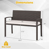 Wicker 2-seat bench with soft cushion, metal frame, dimensions 43.5" x 22" x 33", ideal for outdoor patios and gardens.
