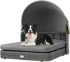 Wicker dog house with adjustable canopy and two detachable cushions for small to medium dogs, perfect for outdoor lounging.
