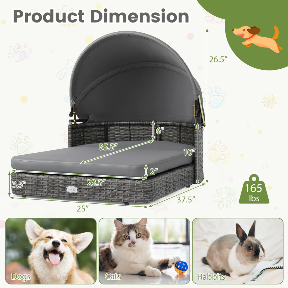 Wicker dog house with adjustable canopy and two detachable cushions, designed for small to medium dogs, in gray.