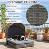 Wicker dog house with adjustable canopy and detachable cushions, made of hand-woven PE rattan for outdoor comfort.