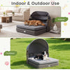 Wicker dog house with adjustable canopy and two detachable cushions for small to medium dogs, suitable for indoor and outdoor use.