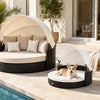 Wicker dog house with retractable canopy and removable cushion, perfect for indoor or outdoor relaxation for small to medium dogs.
