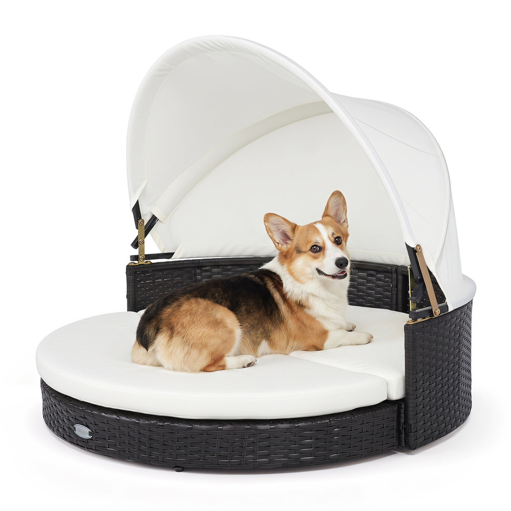 Wicker dog house with a spacious round design, featuring a retractable canopy and soft cushion for ultimate relaxation.