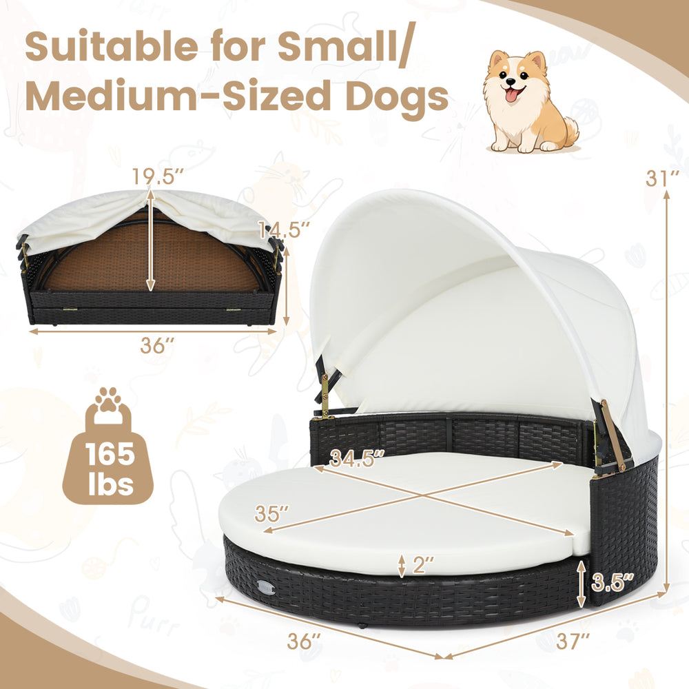 Wicker dog house with retractable canopy and removable cushion, suitable for small/medium dogs up to 165 lbs.