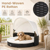 Wicker dog house with retractable canopy, removable cushion, and hand-woven PE rattan for indoor and outdoor relaxation.